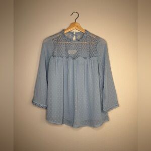 Sweet Wanderer dotted lace yoke blouse in dusty blue